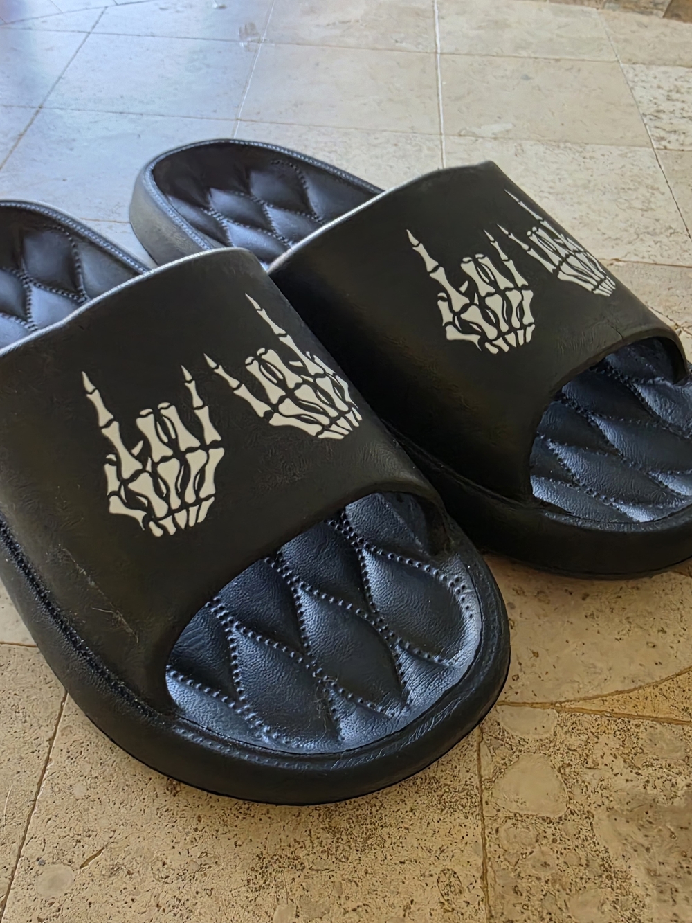 Black Slide Sandals with White Skeleton Hand
